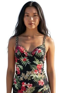 Tommy Bahama $128 Lily Cat Underwire Black Floral Tankini Top Size S/US6-8